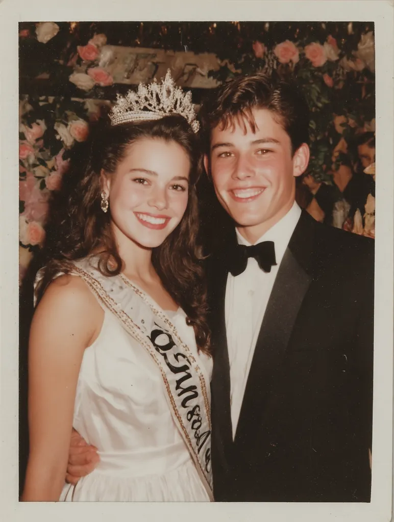 A charming Polaroid captures a prom night scene. A young woman, crowned and wearing a white gown and sash, beams beside her tuxedo-clad date.  Their smiles radiate happiness, set against a backdrop of floral decorations. The image evokes nostalgia for a special occasion, imbued with the warmth of a cherished memory.