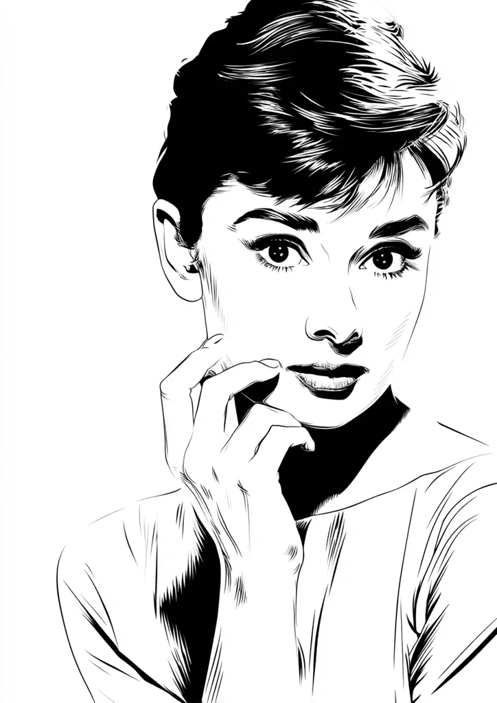 A striking black and white illustration captures Audrey Hepburn's iconic style. Her short, textured hair frames her expressive eyes and delicately sculpted features.  One hand gently rests near her face, emphasizing her elegant pose. The stark contrast and bold lines create a powerful and timeless portrait.  The style suggests a comic book or graphic novel aesthetic.