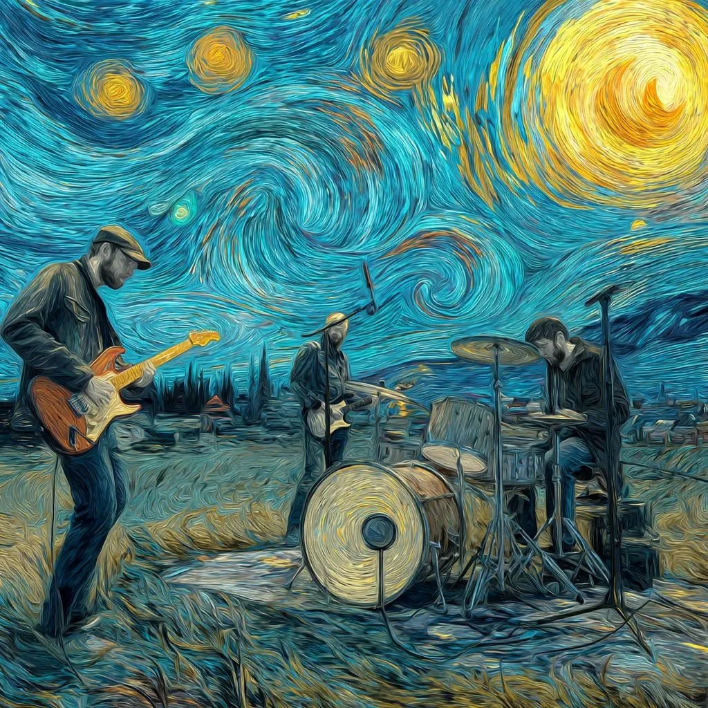 A three-piece band performs under a swirling, starlit sky reminiscent of Van Gogh's "The Starry Night."  The guitarist stands prominently in the foreground, while a drummer and second guitarist are positioned behind him.  The impasto style of the painting enhances the dramatic, dreamlike atmosphere. The band is set against a field, creating a serene yet vibrant musical scene.