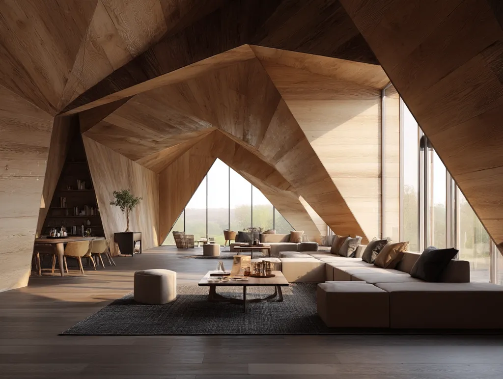 A modern, spacious living area features a dramatic, angular wooden ceiling.  Large windows offer scenic views.  A light beige modular sofa dominates the room, complemented by a low coffee table and a dark rug.  A dining area with wooden chairs and a built-in shelving unit is visible in the background, creating a cohesive and luxurious design.  Natural light streams in, highlighting the warm tones of the wood.