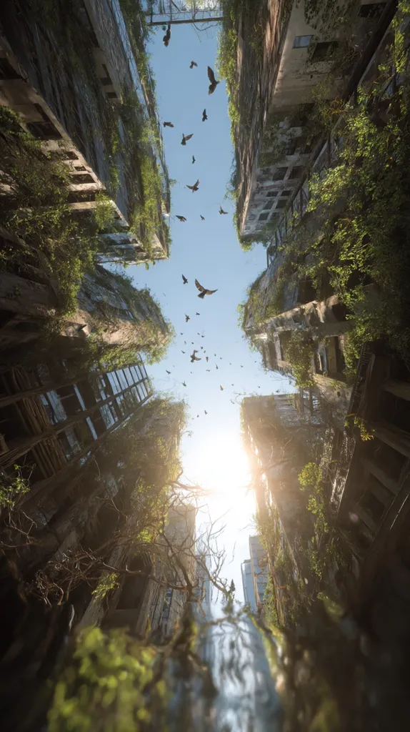 A low-angle view of overgrown, abandoned buildings reaching towards a bright sky.  Birds fly between the decaying structures, now consumed by nature's reclaiming force.  Sunlight filters through the dense foliage, illuminating the scene from above.  The image evokes a sense of post-apocalyptic tranquility, where nature has quietly overtaken human constructions.