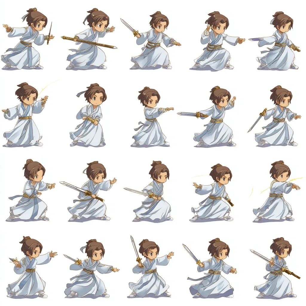 A sprite sheet showcases a young, animated character in a light blue, flowing robe, wielding various swords and engaging in dynamic martial arts poses.  The character's expressions and body language convey different actions, including attacking, defending, and magical abilities.  The detailed illustrations are set against a plain white background. The style suggests a video game or animation project.