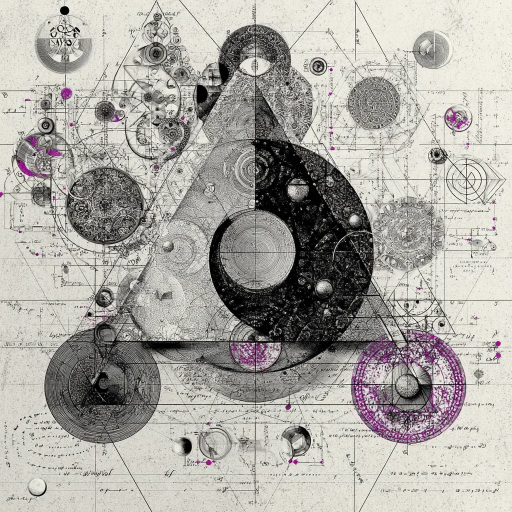 A complex, abstract artwork featuring overlapping circles, geometric shapes, and intricate designs.  The color palette is primarily monochrome, with accents of purple.  The style evokes a sense of intricate machinery or a celestial map, layered with technical drawings and annotations.  The overall composition is dense and visually rich, suggesting a hidden complexity and interconnectedness.