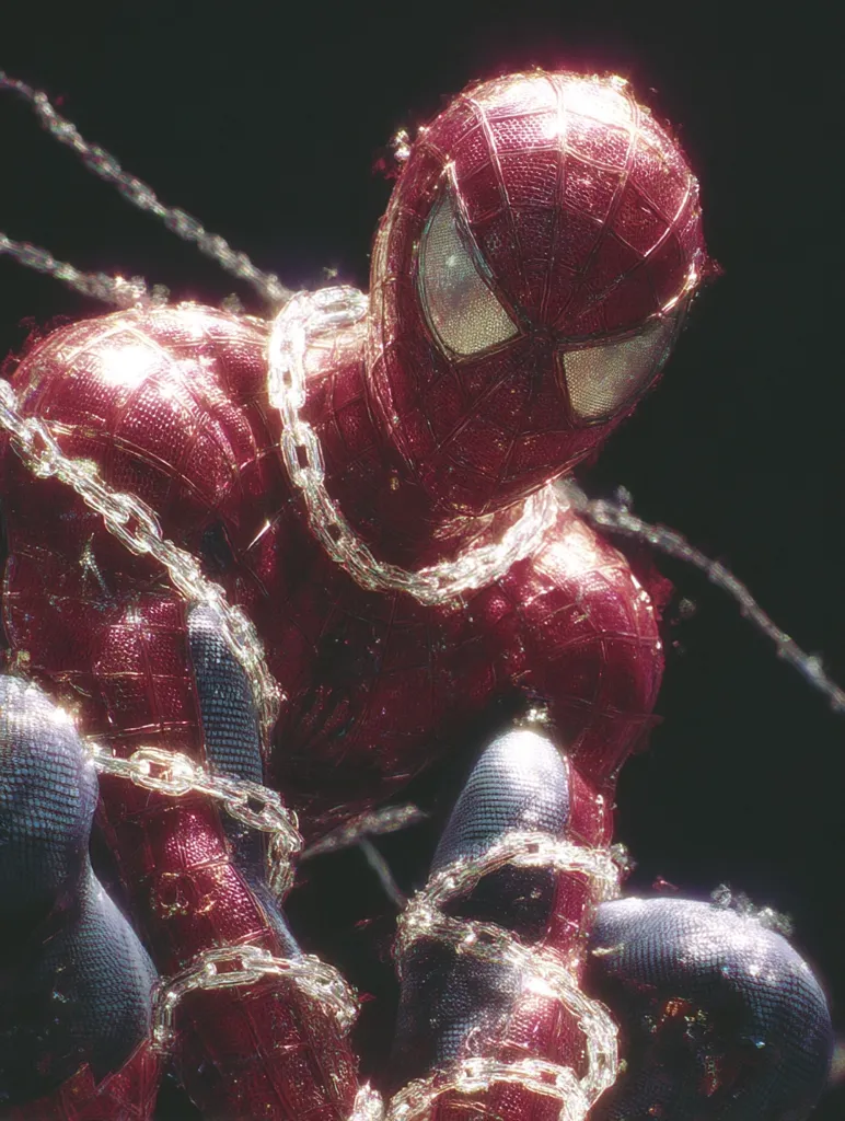 A stylized image of Spider-Man, bound by shimmering, metallic chains. The suit is a deep crimson, appearing almost crystalline, reflecting light with a subtle, ethereal glow. The dark background emphasizes the figure, creating a dramatic and slightly melancholic mood. The chains intertwine around his body, suggesting a sense of entrapment or struggle.  The overall effect is a blend of superhero iconography and artistic expression.