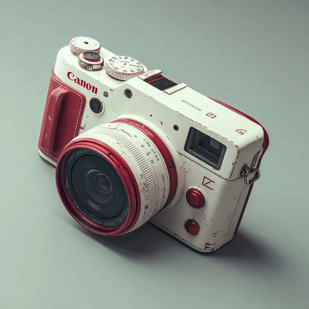 A vintage-style Canon camera, predominantly white with red accents, is shown.  The camera body exhibits a distressed, worn look, suggesting age or intentional weathering.  The lens is prominent, featuring red detailing.  The camera rests on a neutral gray background. The overall aesthetic is reminiscent of classic film cameras with a modern twist.