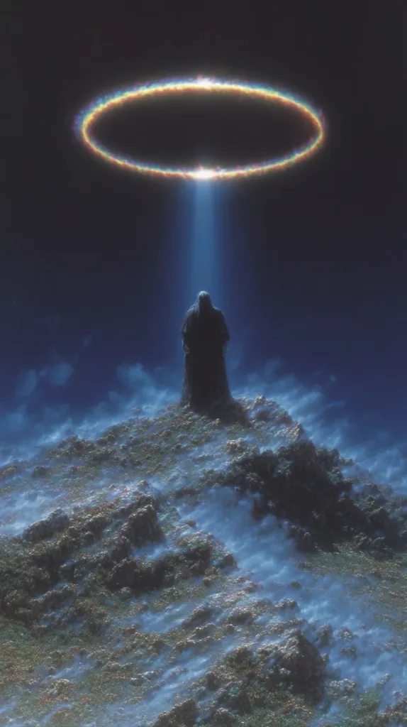 A lone figure, cloaked and hooded, stands atop a misty, rocky hill. Above, a luminous, iridescent ring floats in the night sky, emitting a beam of light that touches the figure.  The scene is ethereal and evokes a sense of mystery and otherworldliness, possibly representing a religious or spiritual encounter. The overall mood is serene yet enigmatic.