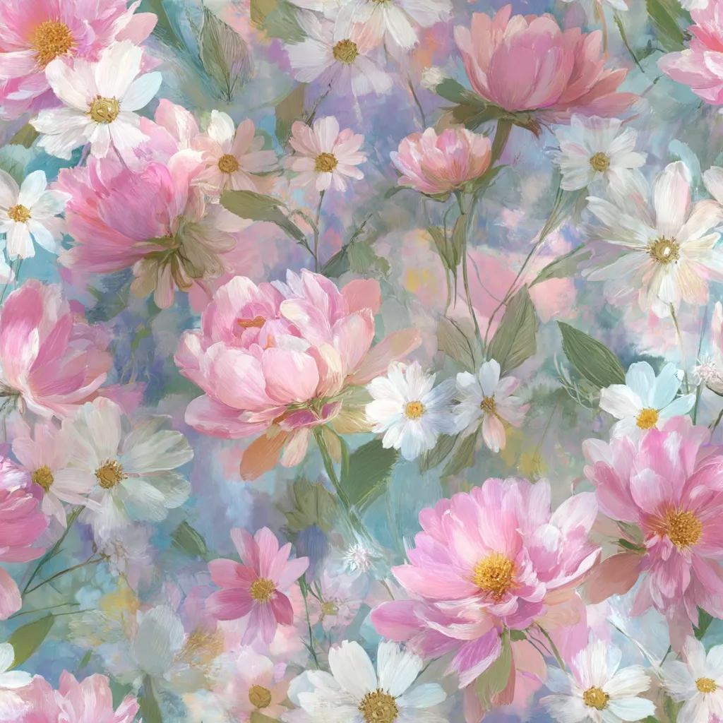A vibrant floral painting showcases a profusion of pink peonies and white daisies.  The blossoms are rendered in a painterly style with visible brushstrokes, creating a soft, dreamy effect.  The background is a hazy blend of pastel blues and pinks, enhancing the ethereal beauty of the flowers. The overall composition is dense, with blossoms overlapping to create a lush, romantic scene.
