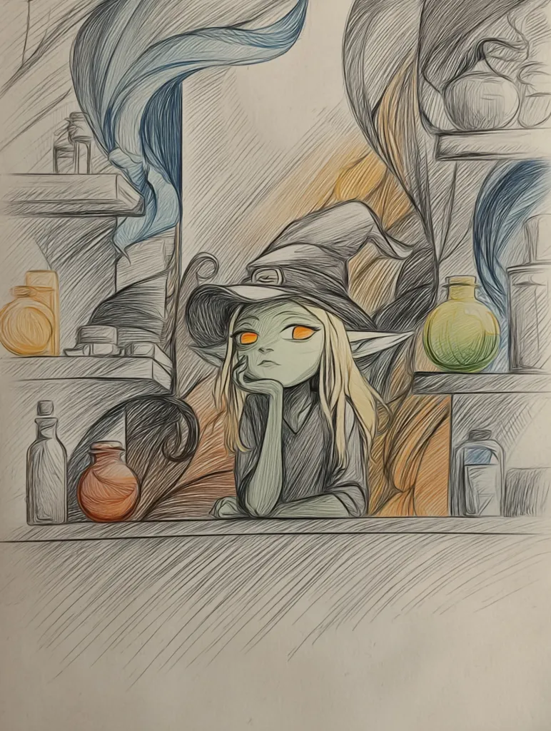 A pencil sketch depicts a whimsical elf-like creature, donned in a witch's hat, seated at a counter.  The elf has pale green skin, golden eyes, and long blonde hair.  She rests her chin on her hand, gazing thoughtfully.  Behind her, shelves are laden with various bottles and jars, suggesting an apothecary or potion-making setting. The style is detailed and expressive, with shading used to create depth and texture.