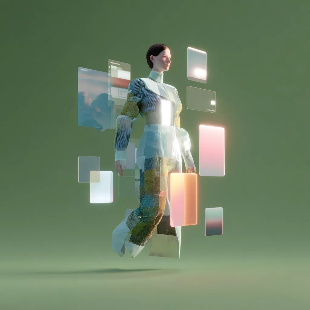 A digital rendering showcases a woman in a futuristic, patchwork outfit.  She appears to be walking or floating amidst translucent, rectangular digital interfaces, suggesting a blend of fashion and technology. The muted green background enhances the surreal, almost ethereal, quality of the image. The overall aesthetic is minimalist and modern, hinting at a concept of digital fashion or augmented reality.