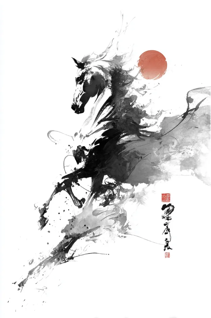 An abstract ink painting depicts a black horse in dynamic motion.  The horse is rendered with bold brushstrokes, its form suggested rather than precisely detailed.  A splash of red, resembling a setting sun, is placed in the upper right corner, contrasting with the monochrome horse. The style evokes a sense of energy and freedom.  Chinese characters are subtly included, adding to the artistic and cultural context.