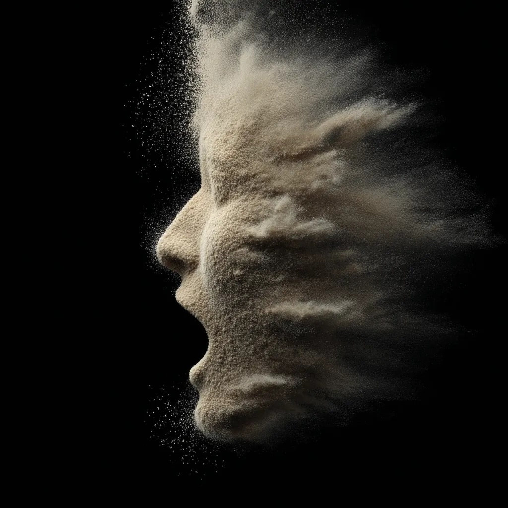 A profile of a human face is depicted, seemingly dissolving into a cloud of tan dust against a stark black background.  The image conveys a sense of disintegration or ephemerality.  The dust particles are subtly textured, creating a three-dimensional effect. The overall impression is one of fragility and the transient nature of existence.