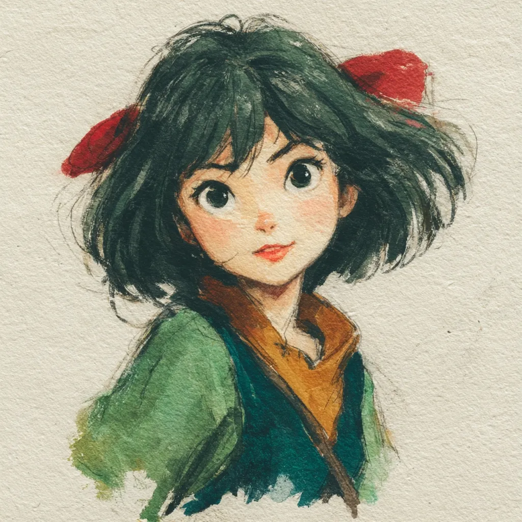 A watercolor painting depicts a young girl with short, dark hair styled with red ribbons.  She possesses large, expressive eyes and a gentle expression.  Her attire consists of a green and teal garment, suggesting a whimsical or fantastical setting. The style is reminiscent of anime or Studio Ghibli animation, with soft, loose brushstrokes. The background is a muted beige, allowing the girl to be the focal point.