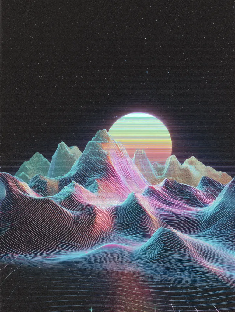 A stylized, retro-futuristic landscape unfolds under a vibrant, horizontally striped sun.  Pastel hues of pink, teal, and purple wash over wireframe mountains, creating a dreamlike, almost ethereal scene against a dark, starry night sky.  The image evokes a sense of nostalgic science fiction, with its glitch art aesthetic and otherworldly atmosphere.  The overall effect is both calming and visually striking.