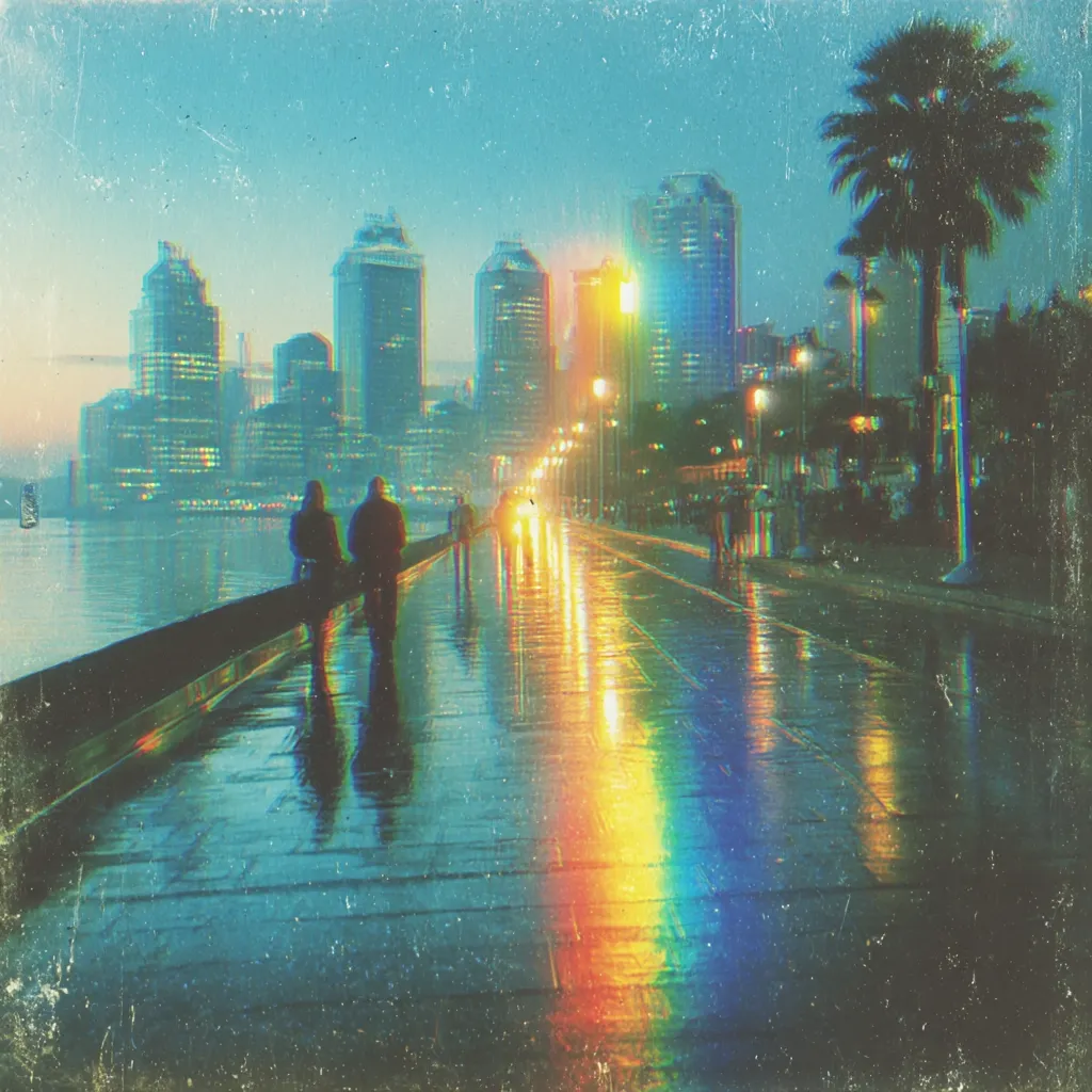 A rain-slicked city promenade stretches towards a vibrant cityscape at twilight.  Silhouetted figures stroll along the path, their reflections shimmering in the wet pavement.  City lights illuminate the scene, casting a colorful, almost ethereal glow on the water's surface.  A palm tree stands sentinel, adding a tropical touch to the urban landscape.  The image has a nostalgic, vintage filter applied, giving it a dreamy, otherworldly quality.