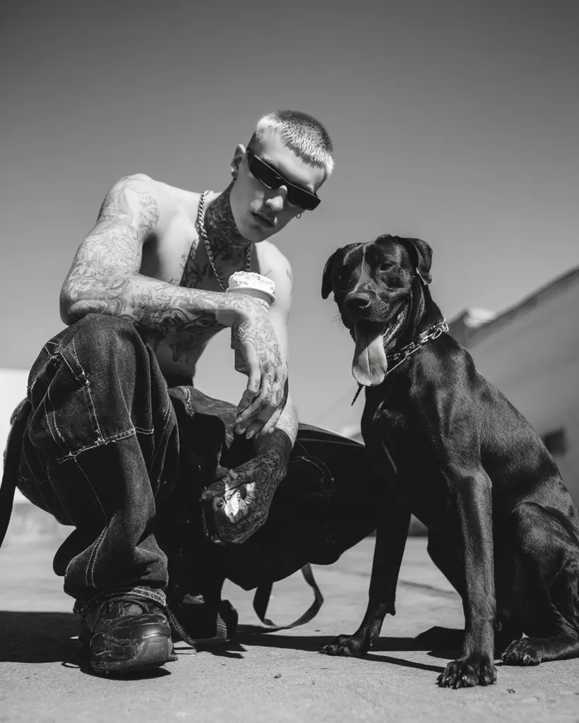 A heavily tattooed young man, wearing sunglasses and loose denim pants, crouches beside a black dog.  The man holds a disposable cup, his arms covered in intricate ink.  The dog, appearing calm and attentive, sits patiently.  The monochrome image suggests a gritty, urban aesthetic, bathed in bright sunlight.