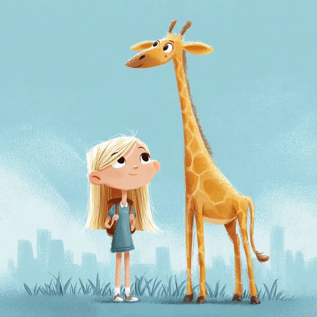 A charming illustration depicts a young girl with long blonde hair and a backpack standing beside a tall giraffe.  The girl looks up at the giraffe with a sweet expression.  They are positioned against a soft blue sky with a faint cityscape in the background.  The style is whimsical and childlike, using soft, textured brushstrokes. The scene evokes a feeling of friendship and gentle adventure.