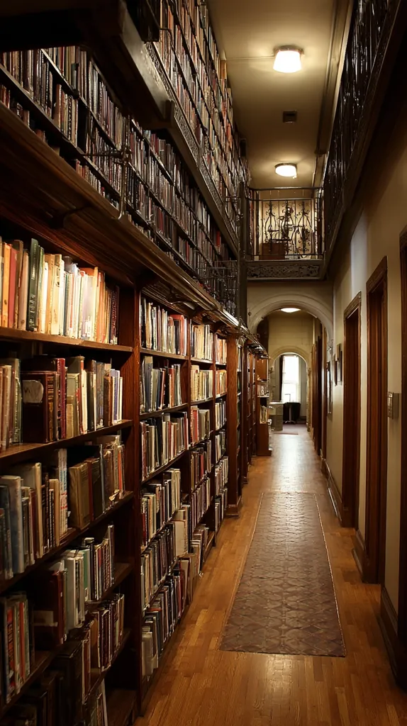 A long hallway lined with towering bookshelves filled with countless books.  Warm, wooden floors and a runner create a comforting atmosphere.  The high ceilings and ornate metalwork suggest an older, possibly academic, building.  Light streams in from a distant window at the end of the corridor, illuminating the quiet space.  The overall impression is one of scholarly calm and the weight of accumulated knowledge.