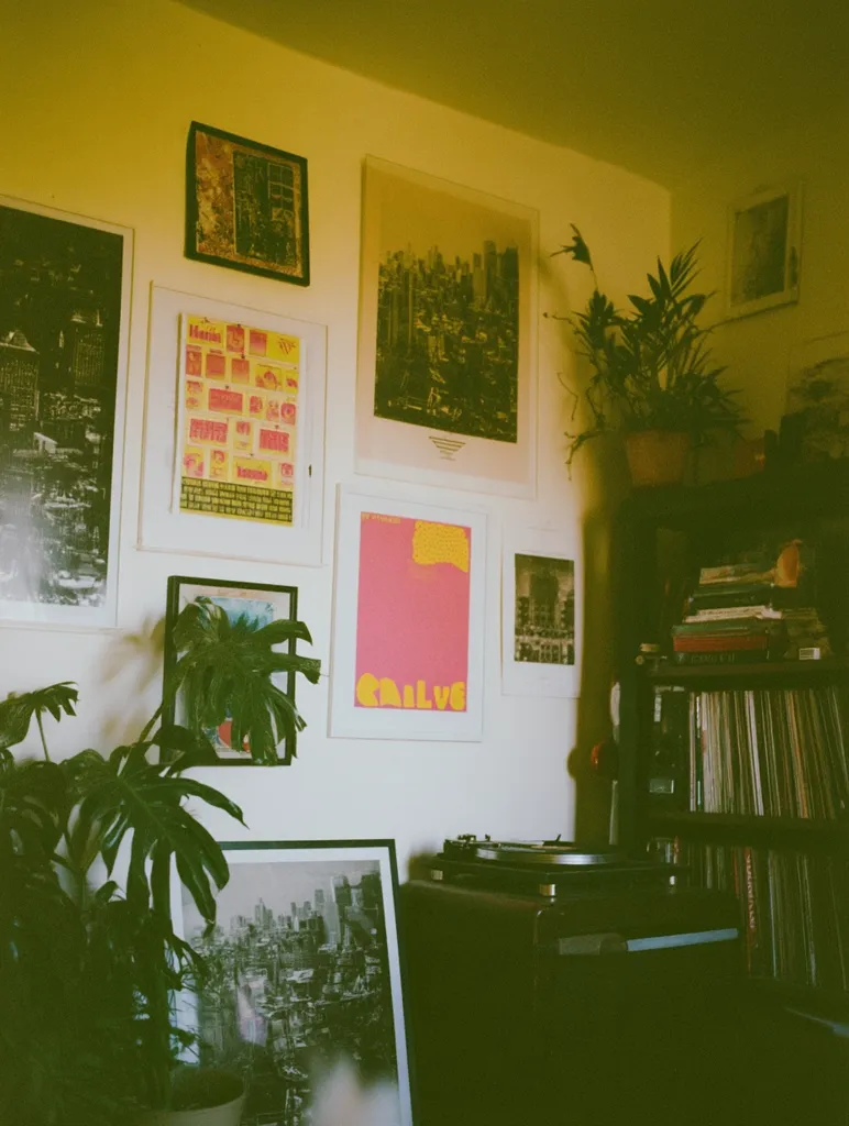 A corner of a room adorned with framed prints and posters, mostly cityscapes and abstract art, creates a vibrant atmosphere.  A large potted plant adds a touch of nature, complementing the eclectic collection.  A record player sits on a dark stand near a well-stocked bookshelf, hinting at a musical interest.  The overall aesthetic is a blend of urban and artistic elements, creating a cozy and personal space.