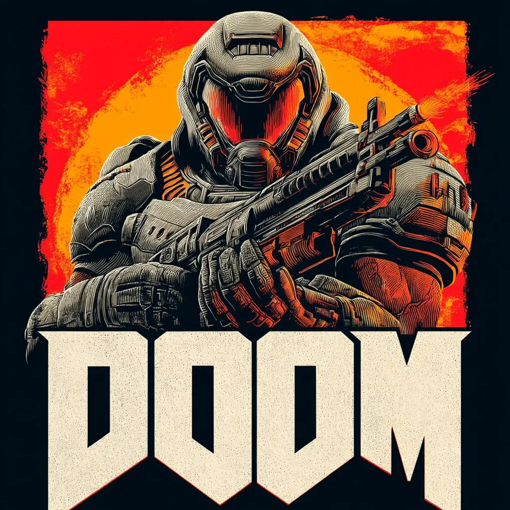 A stylized illustration of the Doom Slayer from the video game Doom.  He's depicted in a heavily armored suit, wielding a shotgun, against a fiery orange and red backdrop.  The iconic "DOOM" logo is prominently displayed below the character, emphasizing the game's branding. The artwork uses a gritty, textured style reminiscent of a screen print or woodcut.