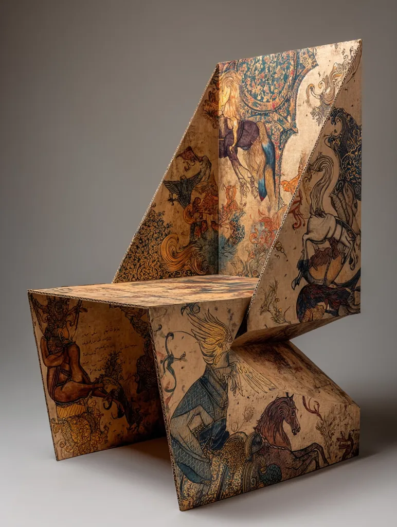 A unique chair crafted from folded cardboard is adorned with intricate, antique-style illustrations.  The design incorporates fantastical creatures, mythical figures, and elaborate patterns, creating a visually rich and complex surface. The chair's angular form and artistic print combine to produce a striking, one-of-a-kind piece.  The overall aesthetic blends modern design with historical imagery.