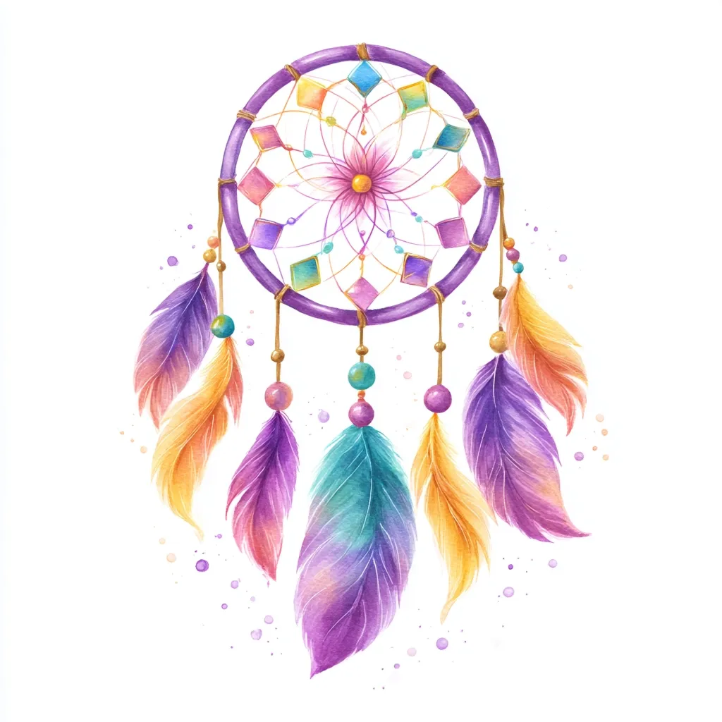 A watercolor painting of a vibrant dreamcatcher.  The circular frame is purple with colorful gemstone accents, surrounding a pink flower.  From the bottom hang multicolored feathers in shades of purple, teal, and orange, interspersed with beads.  The overall style is whimsical and bohemian.  Small watercolor splatters add to the dreamy effect.