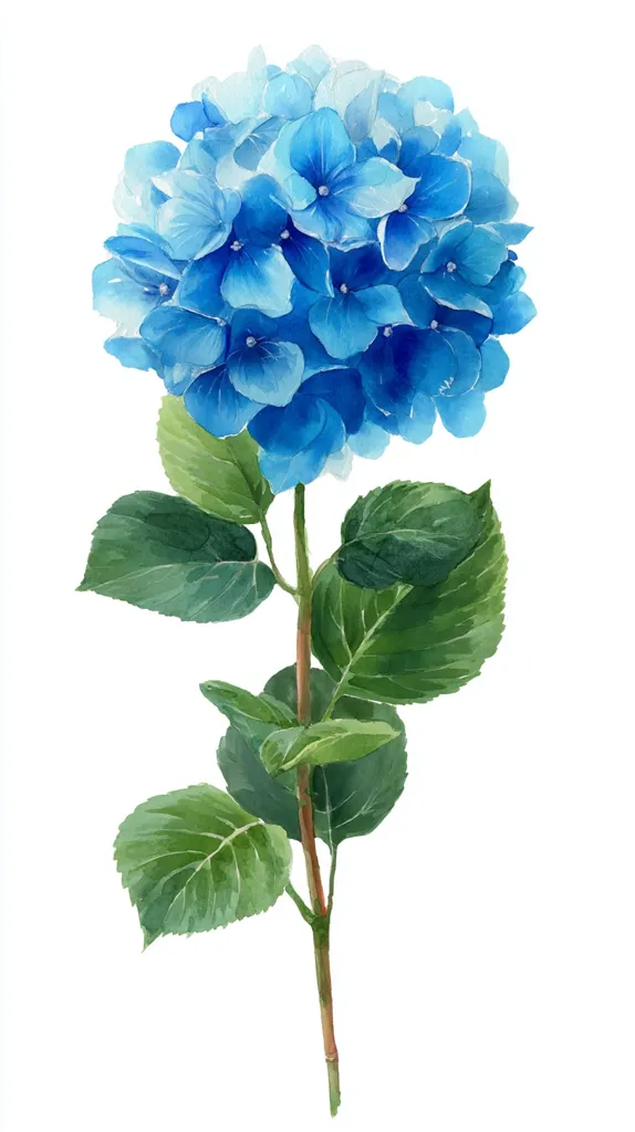 A watercolor painting of a single blue hydrangea blossom.  The vibrant blue flowers are densely clustered, and the stem is adorned with lush green leaves. The painting style is delicate and realistic, showcasing the texture and subtle color variations of the petals and leaves.  The hydrangea is presented against a clean white background, highlighting its beauty.
