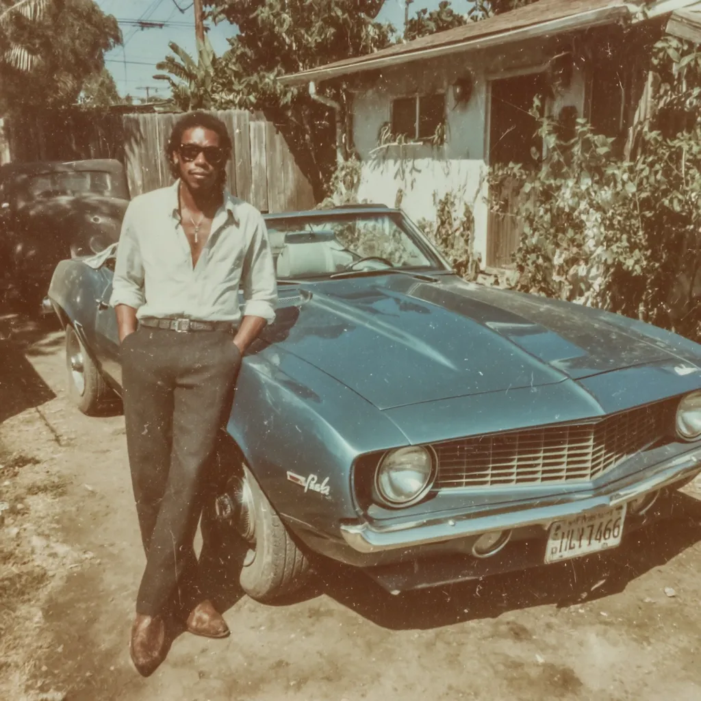 A vintage photograph shows a young Black man in a light beige button-down shirt and dark trousers, leaning against a teal 1967-1969 Chevrolet Camaro convertible.  He's wearing sunglasses and brown boots. The car is parked in front of a modest house, with another car partially visible in the background. The overall style evokes a nostalgic 1970s aesthetic.