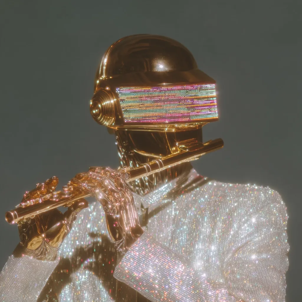 A stylized image depicts a figure wearing a gold Daft Punk helmet and a sparkling, iridescent jacket.  The figure's metallic hands delicately hold a flute, playing a musical piece. The helmet features a vibrant, multicolored display across the visor. The overall aesthetic is futuristic and glamorous, with a retro-synthwave feel.