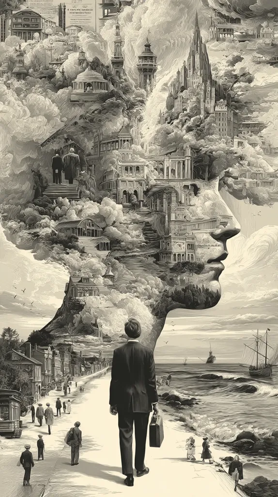 A monochromatic illustration depicts a man in a suit walking away from a coastal town towards a vast ocean.  His silhouette is overlaid with a fantastical cityscape, composed of numerous architectural structures rising from clouds, creating a surreal dreamscape.  The overall style suggests a blend of realism and fantasy, invoking a sense of nostalgia and the passage of time.  Small figures are scattered along the path, adding scale and a feeling of journey.