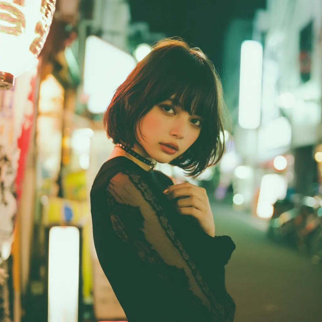 A young woman with a short, blunt bob and bangs stands on a city street at night.  She wears a black, lacy long-sleeved top and a thin black choker. The background is blurred, showcasing bright, neon lights and the suggestion of a bustling Asian city. Her expression is subtly alluring, gazing directly at the viewer.  The overall mood is moody and atmospheric.