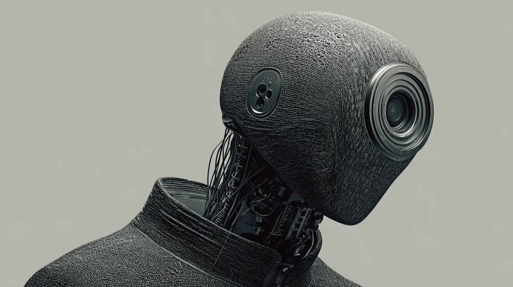 A close-up shot reveals a robotic figure, its head and upper torso clad in a textured, dark fabric resembling woven fibers.  The robot's head features a prominent circular lens, suggesting a camera or sensor.  Visible beneath the fabric are intricate mechanical components and wiring, hinting at a complex internal structure.  The overall aesthetic is dark, minimalist, and futuristic.