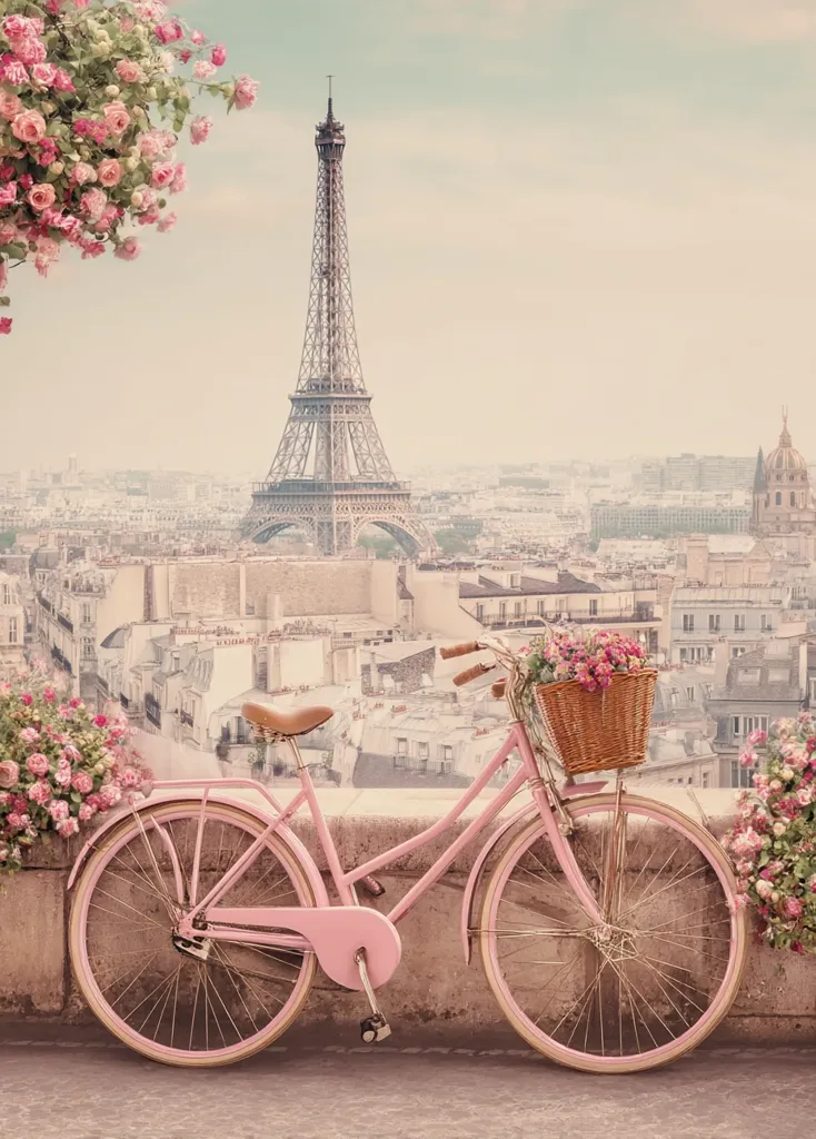 A pastel pink bicycle with a wicker basket filled with pink roses sits against a low wall overlooking the Parisian cityscape.  The Eiffel Tower is prominently featured in the background, under a soft, hazy sky.  Pink rose bushes flank the bicycle, adding to the romantic and idyllic scene.  The overall aesthetic is soft, dreamy, and evocative of Parisian charm.