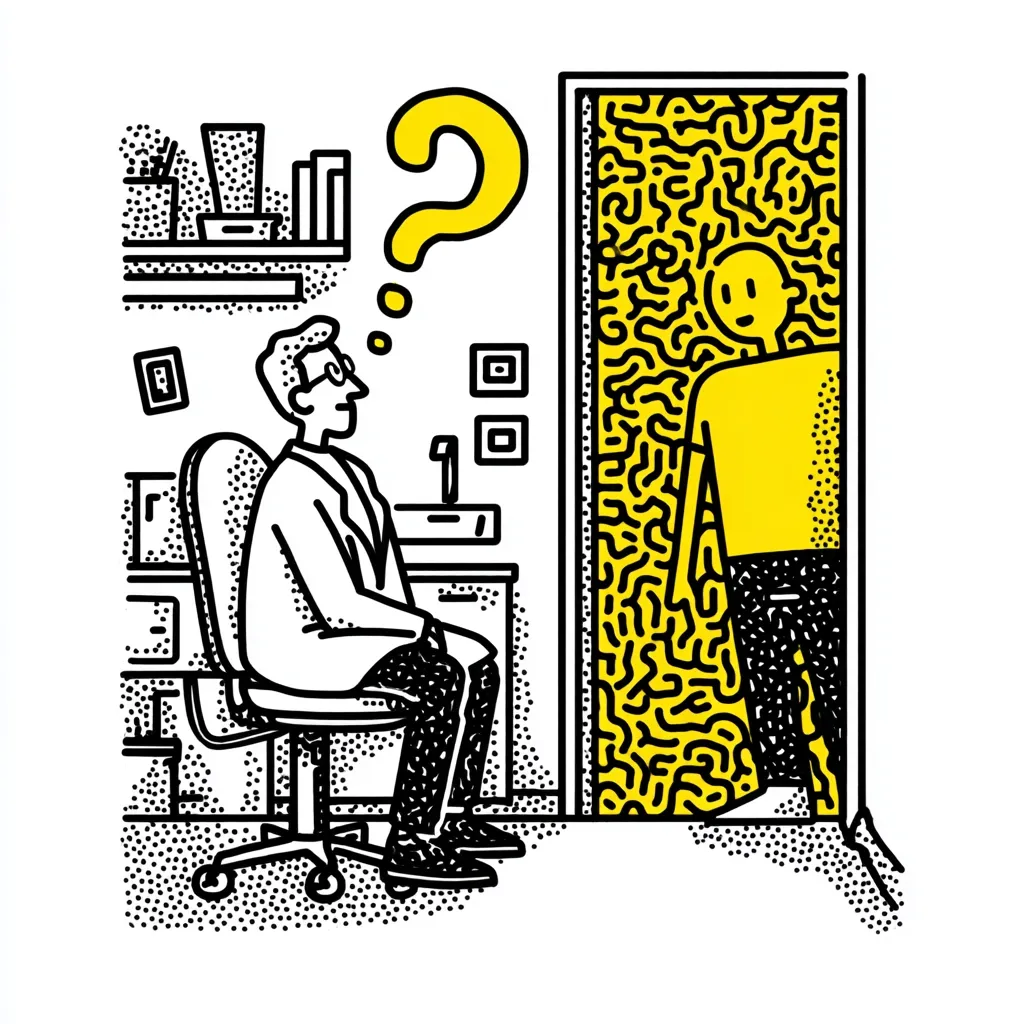 A man in a lab coat sits at his desk, a question mark above his head.  A yellow figure emerges from a doorway patterned with swirling lines. The scene is rendered in black and white with yellow accents, evoking a sense of mystery and uncertainty about the newcomer's identity or purpose. The overall style is reminiscent of a graphic novel or comic strip.