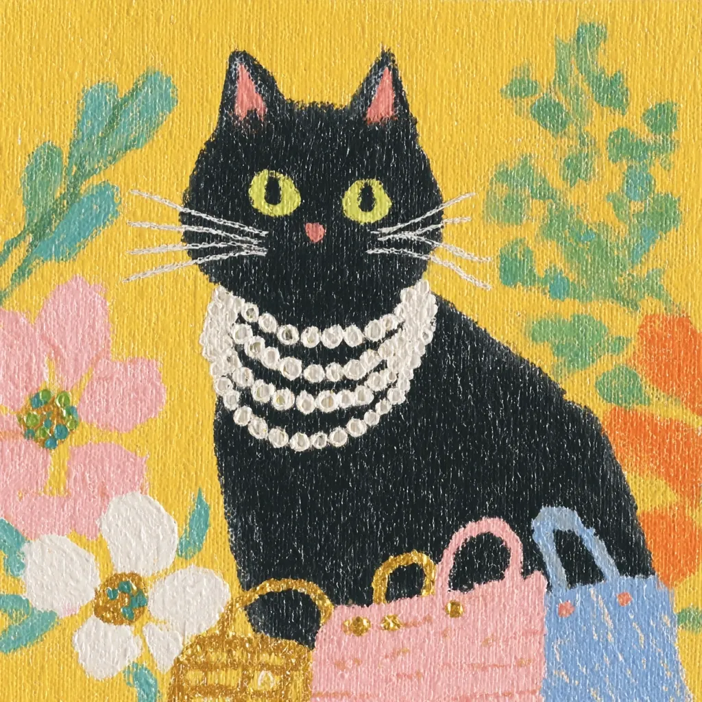 A stylish black cat, adorned with a multi-strand pearl necklace, sits amidst a vibrant floral backdrop.  The cat is surrounded by several purses in pastel colors, suggesting a fashionable and sophisticated scene. The painting style is whimsical and textured, with visible brushstrokes contributing to its charm.  The overall color palette is bright and cheerful.