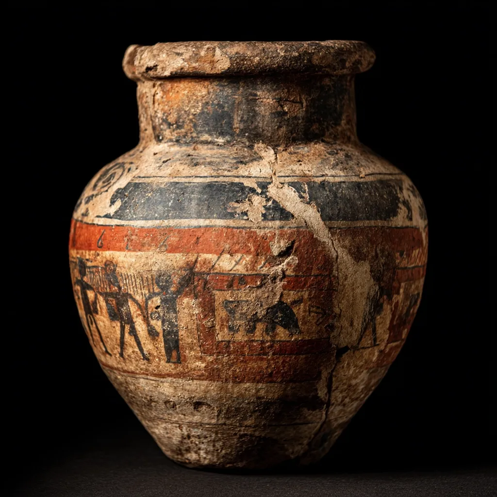 An ancient, earthenware jar, possibly from the Naqada II period, is presented against a stark black background.  The vessel exhibits significant age and wear, with a visible crack down its side.  Its surface displays faded painted decoration, featuring geometric patterns and stylized figures, possibly animals or humans, in shades of red, black, and ochre.  The jar's overall condition suggests considerable age and historical significance.