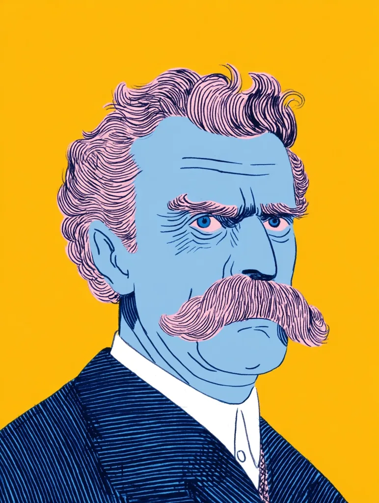 A stylized portrait of a man with light blue skin and pink hair and mustache.  He has a serious expression, his eyes intense.  His hair is thick and wavy, his mustache prominent. He's dressed in a dark blue suit with a light collar. The bold color palette and line work create a vibrant, graphic image. The background is a solid yellow.