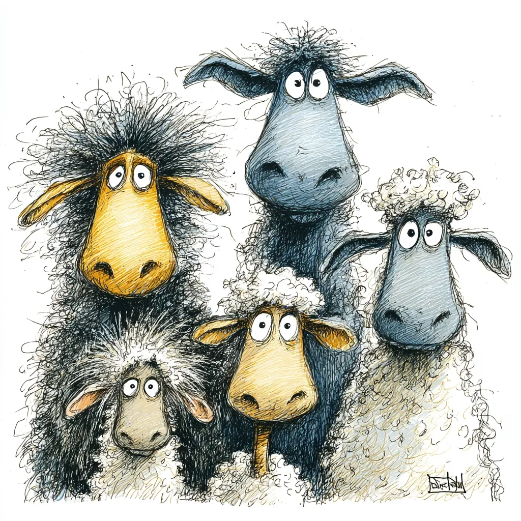 A whimsical illustration depicts five sheep with exaggerated features. Two are dark-colored with wide, expressive eyes, while two others are light tan, also with large, surprised eyes. A smaller, light-grey sheep is nestled amongst them.  Their wool is depicted with expressive, textured strokes, giving them a quirky, cartoonish charm.  The artwork is presented against a clean white background.