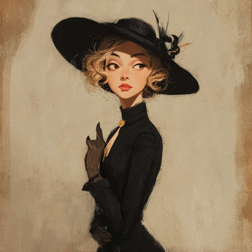 A stylized portrait of a woman in a black dress and wide-brimmed hat.  Her blonde curls peek from under the hat, and she wears long black gloves.  The art style is reminiscent of vintage illustration, with soft shading and a painterly texture.  Her expression is subtle, hinting at a quiet confidence. The overall tone is elegant and mysterious.