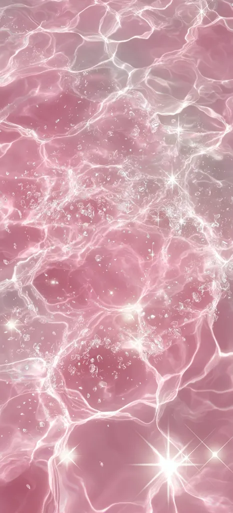 A dreamy, abstract image depicts the surface of pink water.  Light refracts through the liquid, creating shimmering, white lines and sparkles that resemble stars or glitter. Bubbles are visible within the water, adding to the ethereal and enchanting quality of the scene. The overall effect is soft, romantic, and visually appealing.