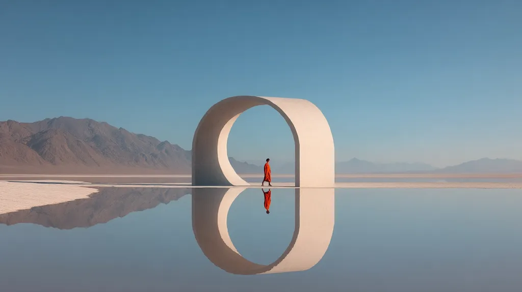 A person in an orange robe walks through a large, white, curved archway situated in a tranquil desert landscape.  The archway's reflection is perfectly mirrored in the still water of a salt flat, creating a symmetrical and serene scene.  Mountains rise in the distance under a clear, blue sky, enhancing the minimalist aesthetic.