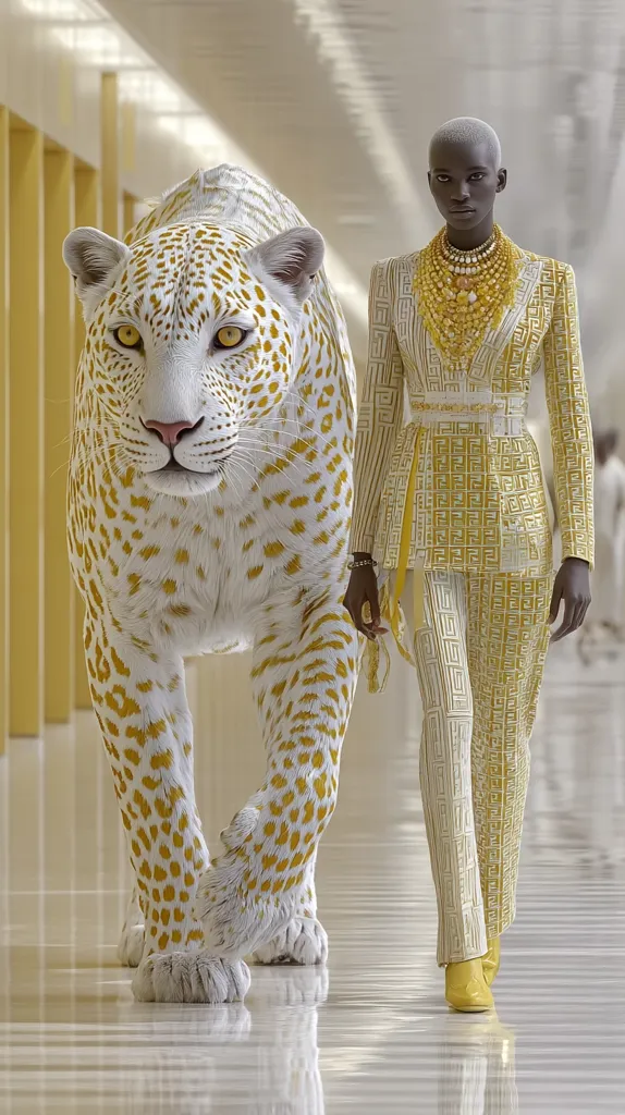 A striking image depicts a model in a gold and white patterned suit, walking alongside a similarly colored leopard.  The model's outfit features a geometric print, complemented by gold jewelry.  Both the model and the leopard share a palette of white and gold, creating a visually cohesive and luxurious scene. The setting appears to be a modern, minimalist interior.