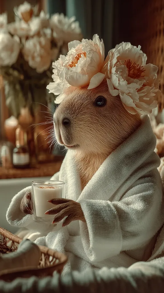 A capybara, adorned with a crown of pale peonies, relaxes in a fluffy white bathrobe.  It sits serenely, holding a glass of creamy beverage, in a luxurious setting with soft lighting and a basket nearby. The overall aesthetic is one of calm and gentle indulgence.
