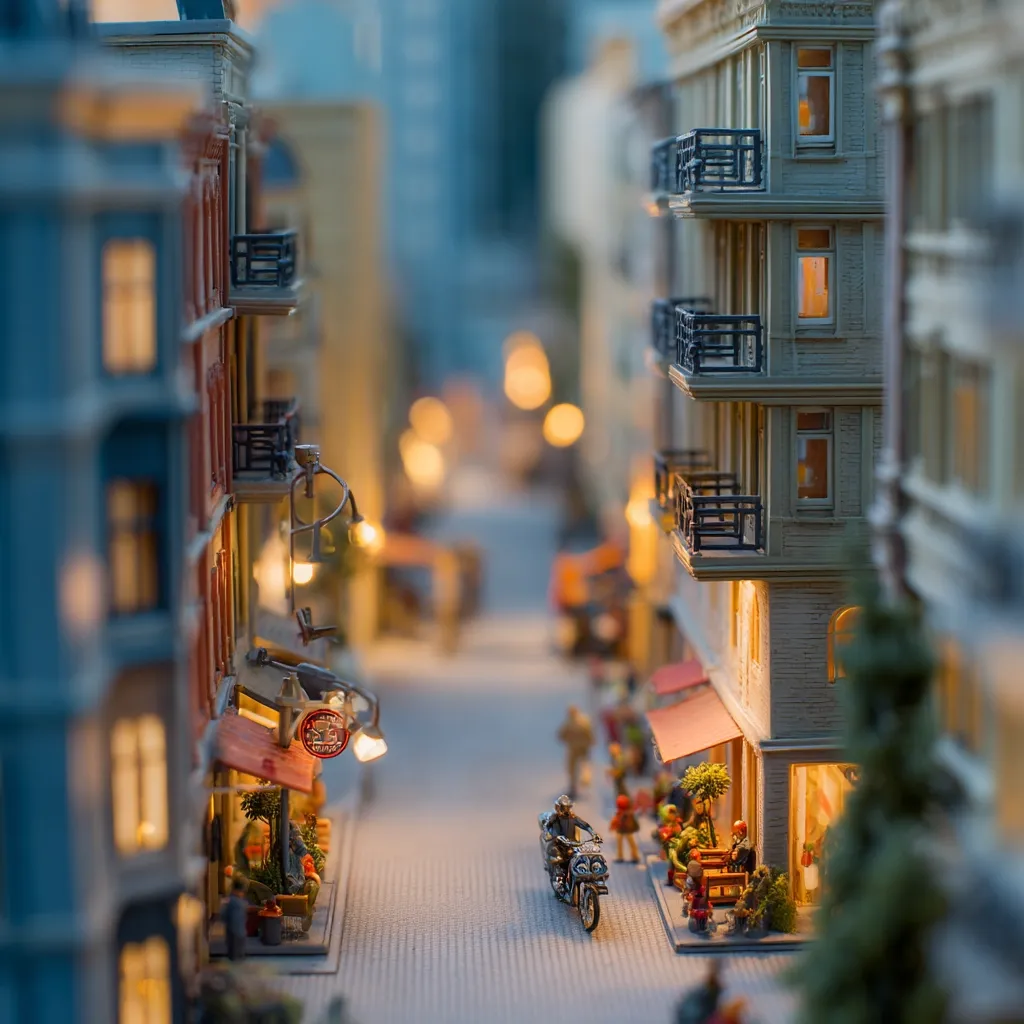 A meticulously detailed miniature city street scene is depicted.  Tiny buildings with balconies and illuminated windows line the street, creating a charming, cozy ambiance.  A lone motorcyclist navigates the miniature road, adding a sense of scale and life. The scene is softly lit, enhancing the overall sense of a quaint and peaceful urban setting. Small figures populate the sidewalks, adding to the realistic feel.