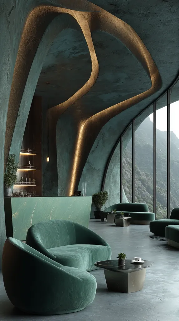 A luxurious lounge area boasts a dramatic, sculpted teal ceiling with gold-toned accents.  Deep green velvet seating, including a curved sofa and armchairs, complements the space. A sleek, green marble bar and a modern coffee table add to the sophisticated ambiance. Large windows offer breathtaking views of a mountainous landscape. The overall design is both contemporary and organic.