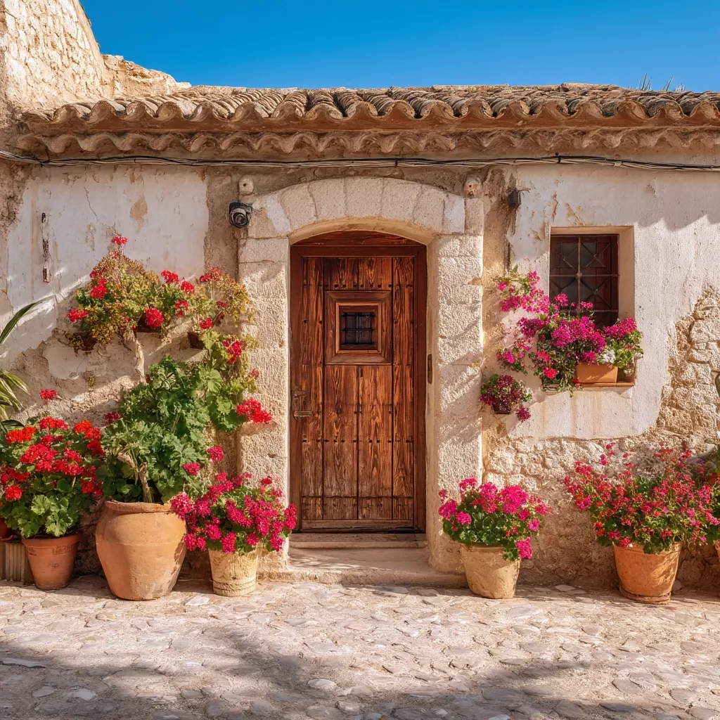 A charming rustic house, painted white, features a weathered wooden door framed by a stone arch.  Vibrant red geraniums in terracotta pots adorn the entrance and windowsills. The stone facade, under a terracotta tiled roof, is bathed in sunlight.  The scene evokes a sense of Mediterranean warmth and traditional architecture.