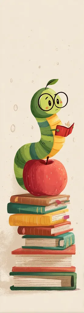A charming illustration features a cartoon caterpillar wearing glasses and perched atop a stack of books.  The caterpillar holds a small red book, adding to the studious scene.  A red apple sits beneath the caterpillar, completing the whimsical image of learning and literacy. The style is playful and colorful, perfect for children's literature.
