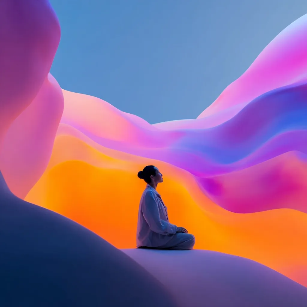 A woman sits in a meditative pose atop a soft, white hill.  She is silhouetted against a vibrant backdrop of flowing, pastel-colored forms that resemble luminous clouds or waves.  The colors shift from warm oranges and yellows to cool purples and blues, creating a surreal and peaceful atmosphere. The scene is dreamlike and evokes a sense of tranquility and inner peace.