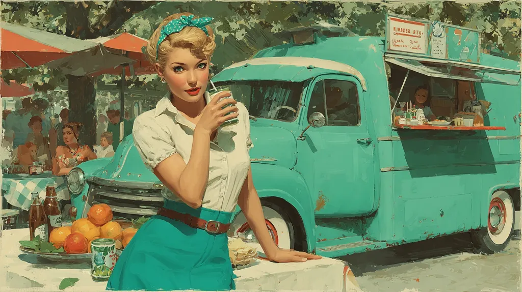 A stylish blonde woman in a teal outfit enjoys a drink, leaning on a table near a vintage teal food truck.  The scene is set outdoors on a sunny day, with other people relaxing at tables under red umbrellas in the background, evoking a nostalgic 1950s aesthetic.  Oranges and soda bottles sit on the table in front of her. The overall style is reminiscent of vintage American illustration.