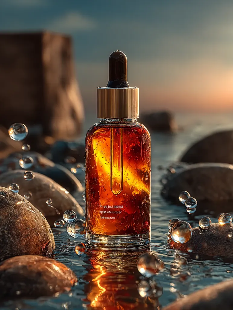 A glass bottle of amber-colored oil with a dropper sits on wet rocks by the sea at sunset.  Water droplets cling to the bottle and scatter across the smooth stones.  The bottle's label is partially visible, suggesting a luxury or high-end product. The scene is serene and evokes a sense of natural beauty and relaxation.
