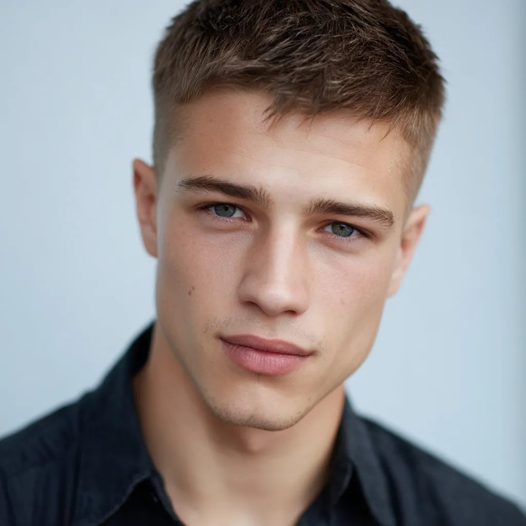Close-up portrait of a young man with short, styled brown hair. He has light skin, light-colored eyes, and a neutral expression.  His jawline is strong, and he's wearing a dark-colored collared shirt. The background is a blurred light blue. The overall impression is one of clean-cut attractiveness.